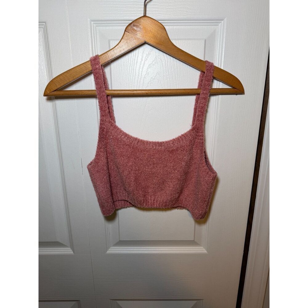 Derek Heart Fuzzy Knit Crop Tank Top Pink Sleeveless Soft Lounge Size L